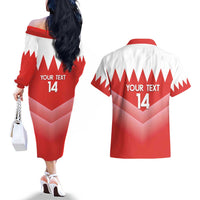 Custom Bahrain Football Couples Matching Off The Shoulder Long Sleeve Dress and Hawaiian Shirt Muharabi Dilmun Sporty Style - Wonder Print Shop