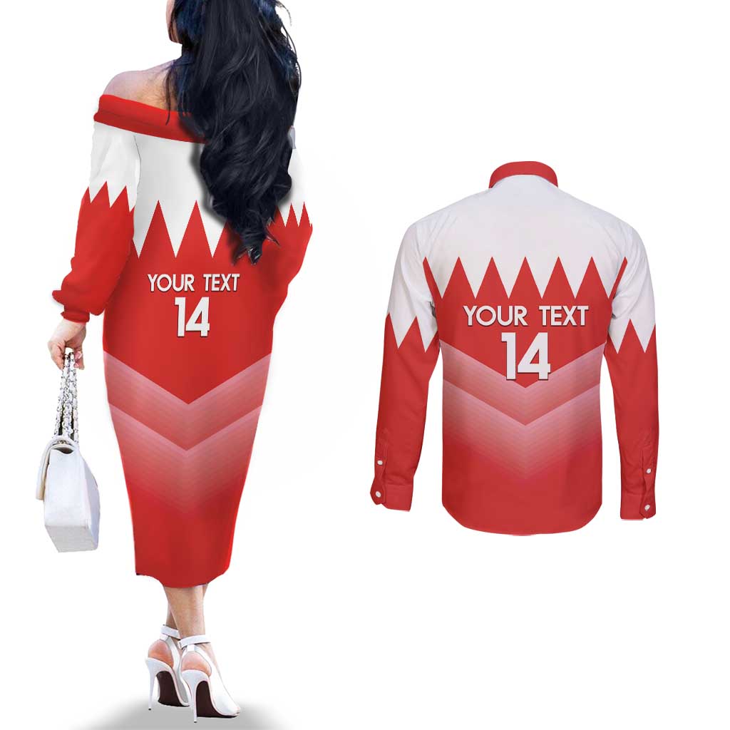 Custom Bahrain Football Couples Matching Off The Shoulder Long Sleeve Dress and Long Sleeve Button Shirt Muharabi Dilmun Sporty Style
