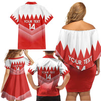 Custom Bahrain Football Family Matching Off Shoulder Short Dress and Hawaiian Shirt Muharabi Dilmun Sporty Style - Wonder Print Shop