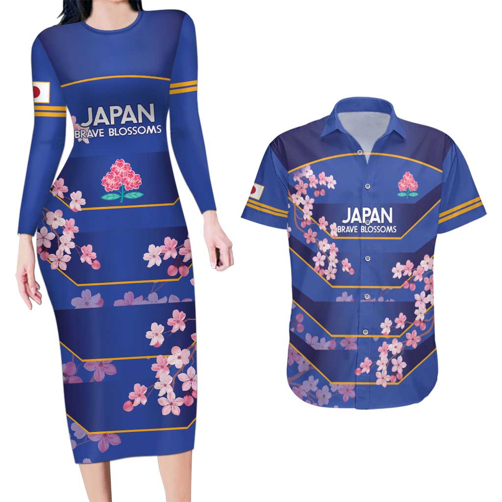 Custom Japan Rugby Couples Matching Long Sleeve Bodycon Dress and Hawaiian Shirt Go Brave Blossoms - Wonder Print Shop