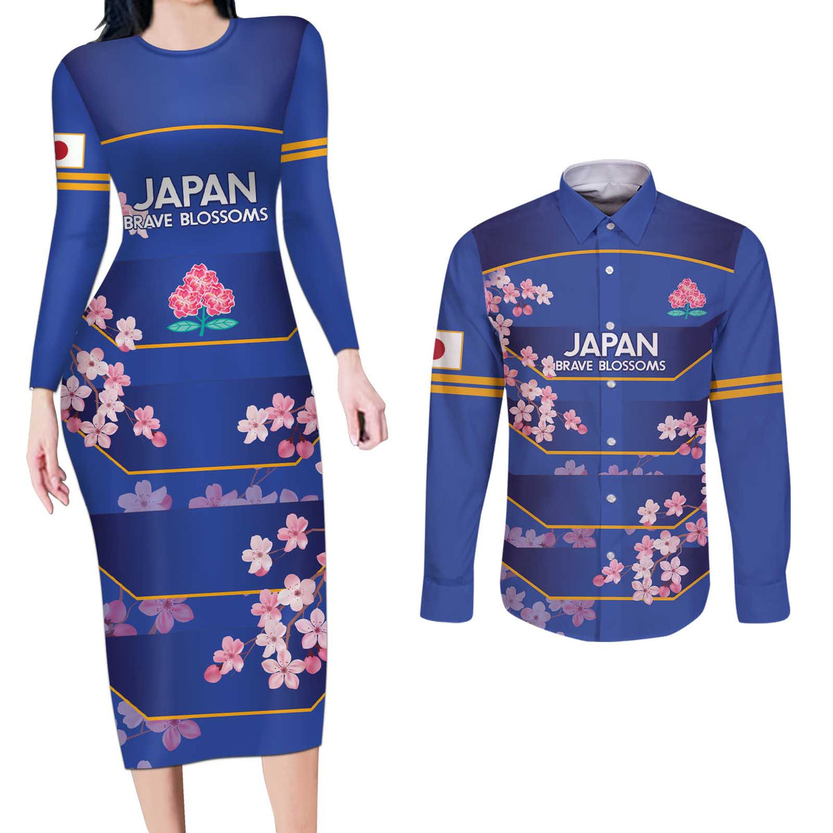 Custom Japan Rugby Couples Matching Long Sleeve Bodycon Dress and Long Sleeve Button Shirt Go Brave Blossoms - Wonder Print Shop