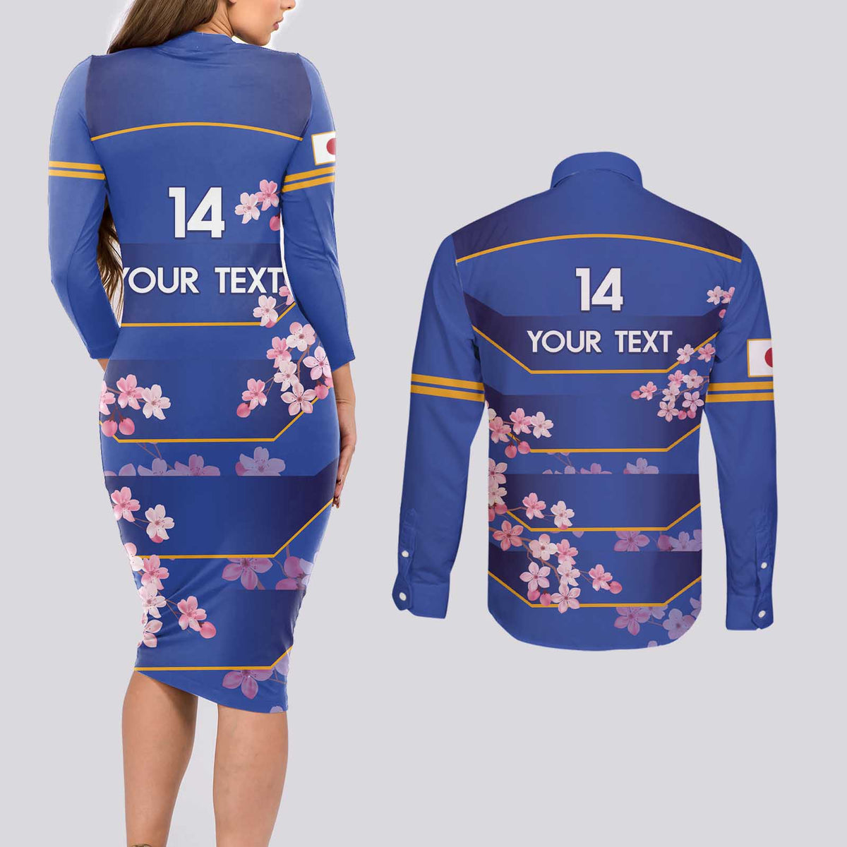Custom Japan Rugby Couples Matching Long Sleeve Bodycon Dress and Long Sleeve Button Shirt Go Brave Blossoms - Wonder Print Shop