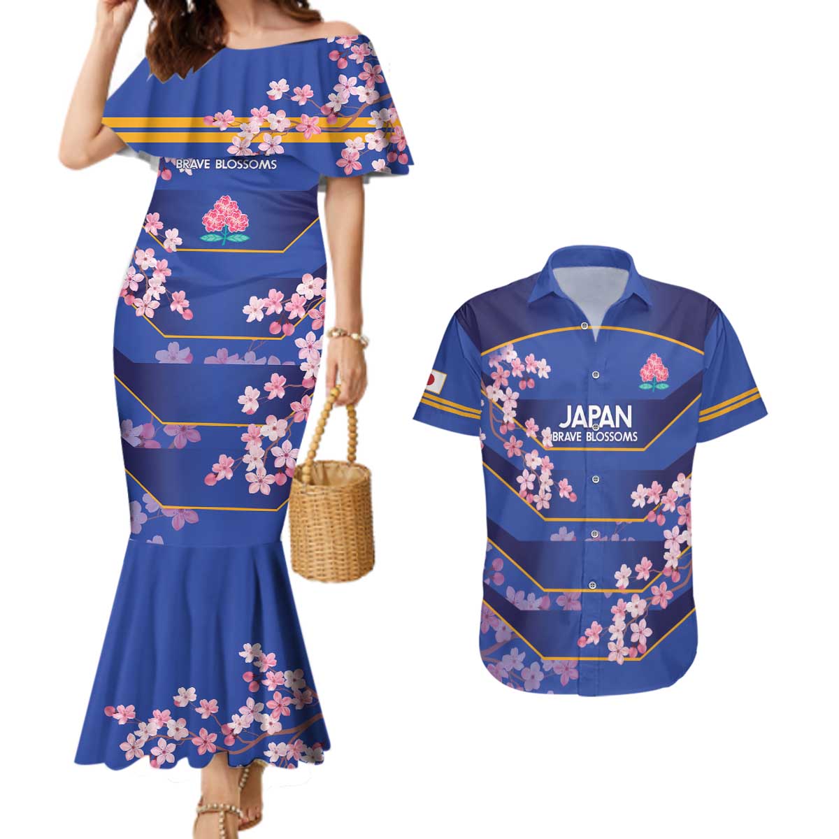 Custom Japan Rugby Couples Matching Mermaid Dress and Hawaiian Shirt Go Brave Blossoms - Wonder Print Shop