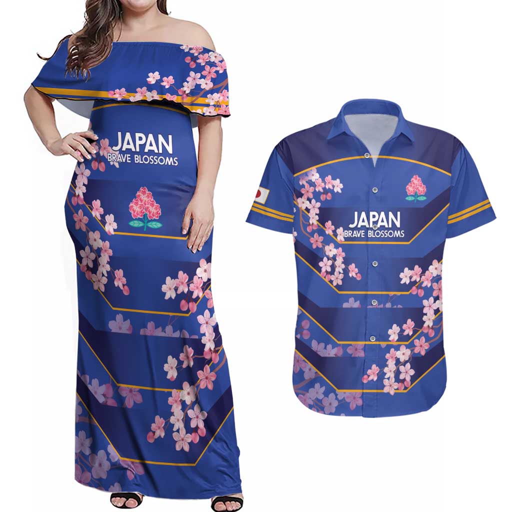 Custom Japan Rugby Couples Matching Off Shoulder Maxi Dress and Hawaiian Shirt Go Brave Blossoms - Wonder Print Shop