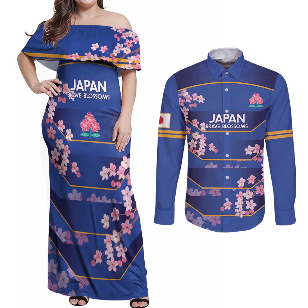 Custom Japan Rugby Couples Matching Off Shoulder Maxi Dress and Long Sleeve Button Shirt Go Brave Blossoms - Wonder Print Shop