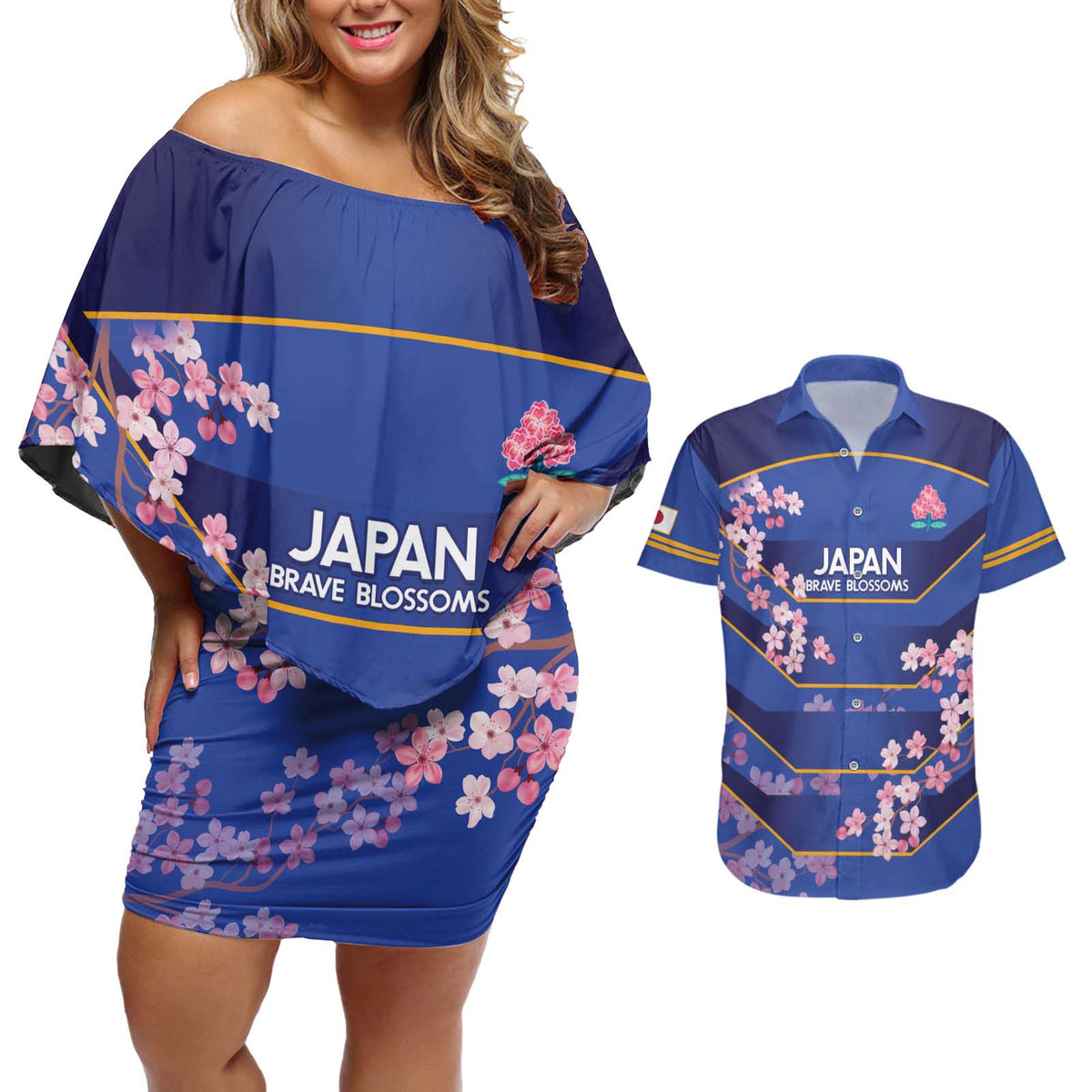Custom Japan Rugby Couples Matching Off Shoulder Short Dress and Hawaiian Shirt Go Brave Blossoms - Wonder Print Shop