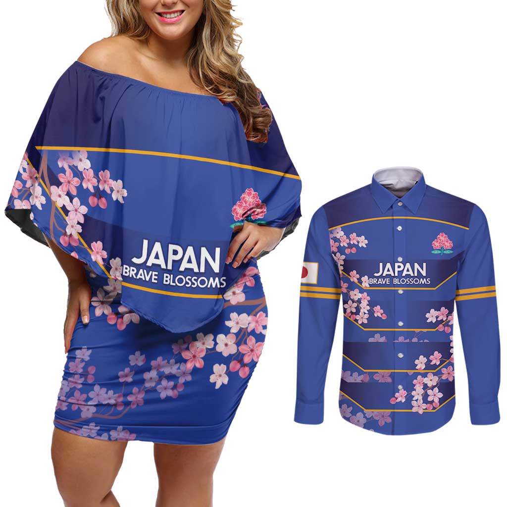 Custom Japan Rugby Couples Matching Off Shoulder Short Dress and Long Sleeve Button Shirt Go Brave Blossoms - Wonder Print Shop