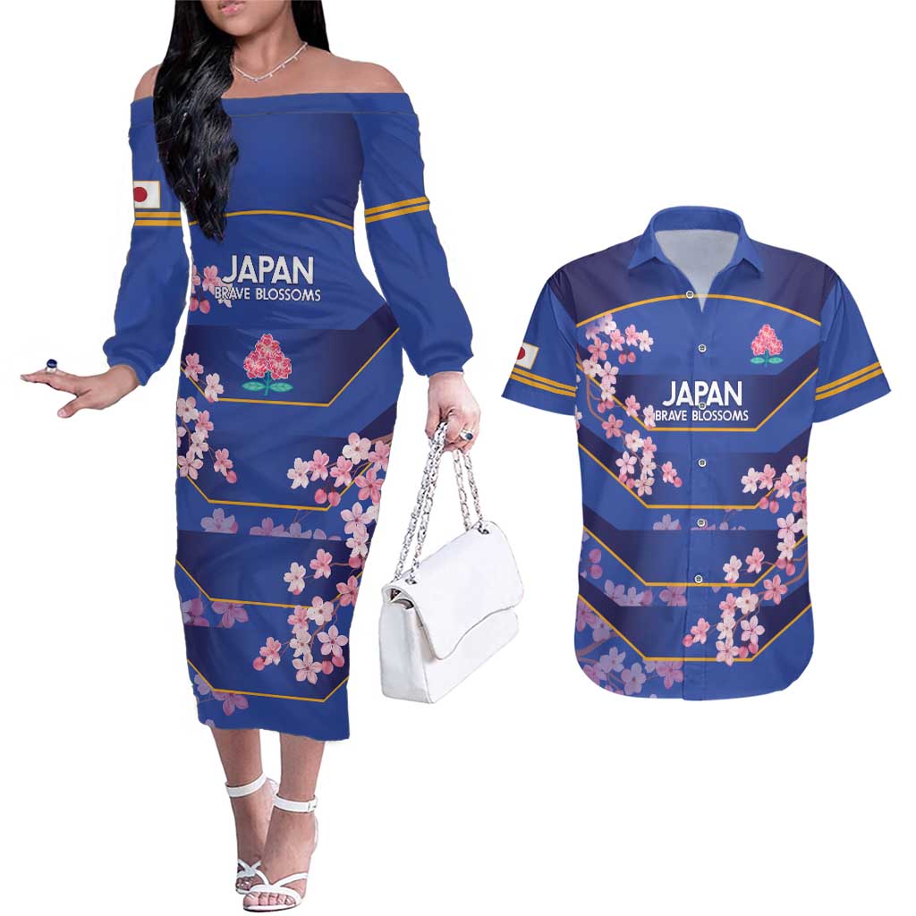 Custom Japan Rugby Couples Matching Off The Shoulder Long Sleeve Dress and Hawaiian Shirt Go Brave Blossoms - Wonder Print Shop