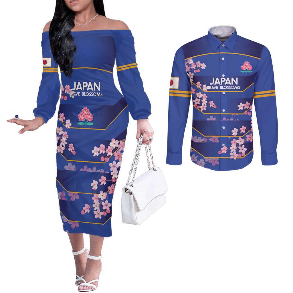 Custom Japan Rugby Couples Matching Off The Shoulder Long Sleeve Dress and Long Sleeve Button Shirt Go Brave Blossoms