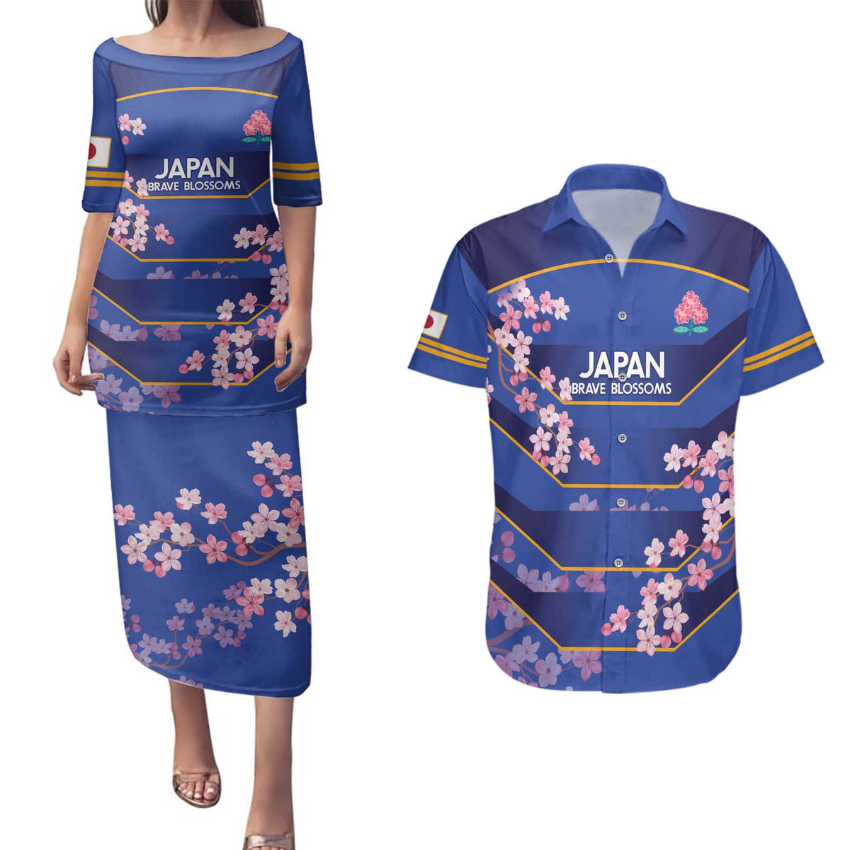Custom Japan Rugby Couples Matching Puletasi and Hawaiian Shirt Go Brave Blossoms - Wonder Print Shop