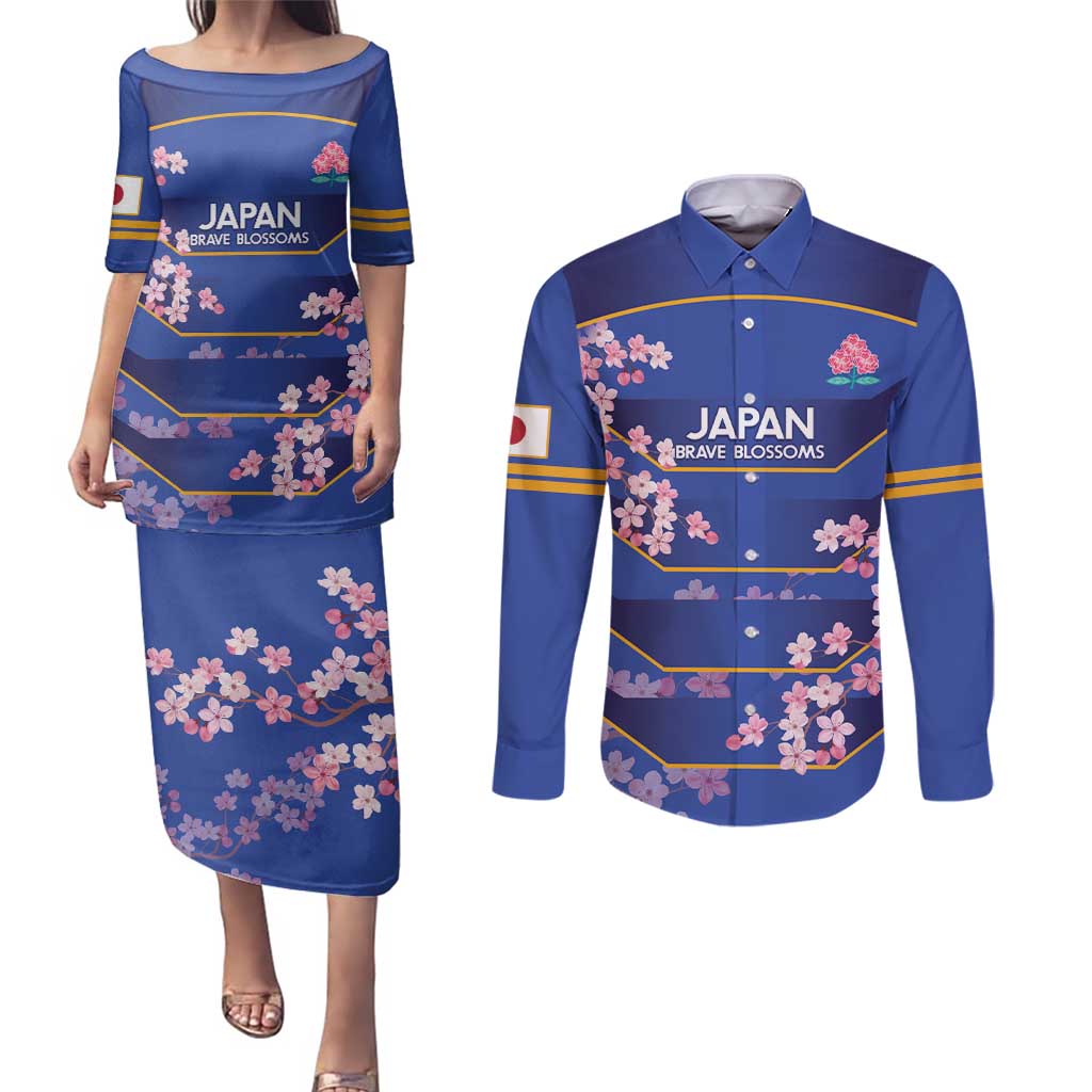 Custom Japan Rugby Couples Matching Puletasi and Long Sleeve Button Shirt Go Brave Blossoms - Wonder Print Shop