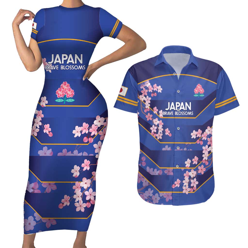 Custom Japan Rugby Couples Matching Short Sleeve Bodycon Dress and Hawaiian Shirt Go Brave Blossoms - Wonder Print Shop