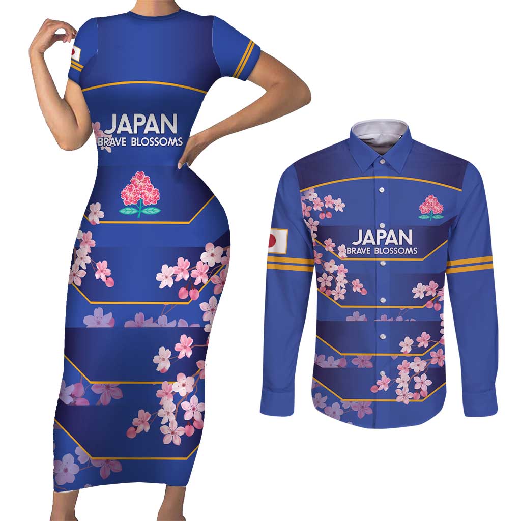 Custom Japan Rugby Couples Matching Short Sleeve Bodycon Dress and Long Sleeve Button Shirt Go Brave Blossoms - Wonder Print Shop