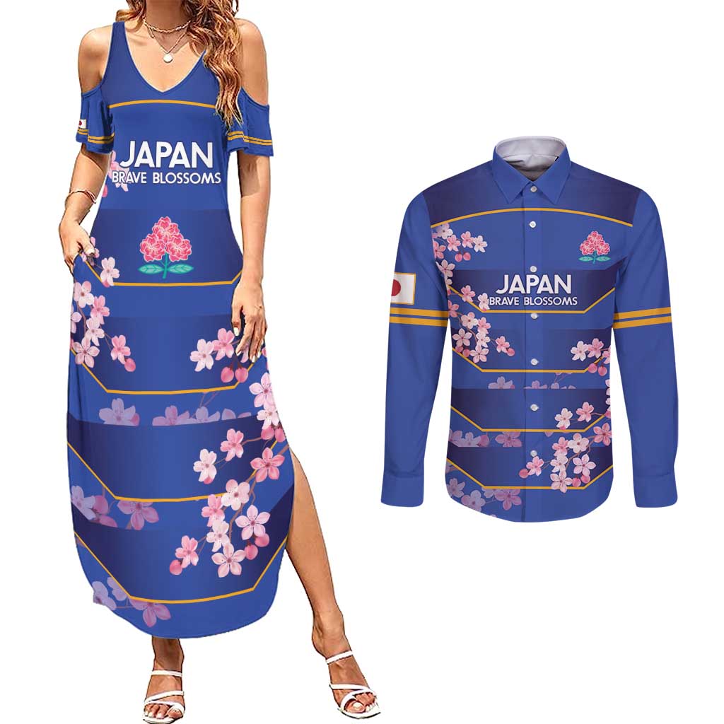Custom Japan Rugby Couples Matching Summer Maxi Dress and Long Sleeve Button Shirt Go Brave Blossoms - Wonder Print Shop