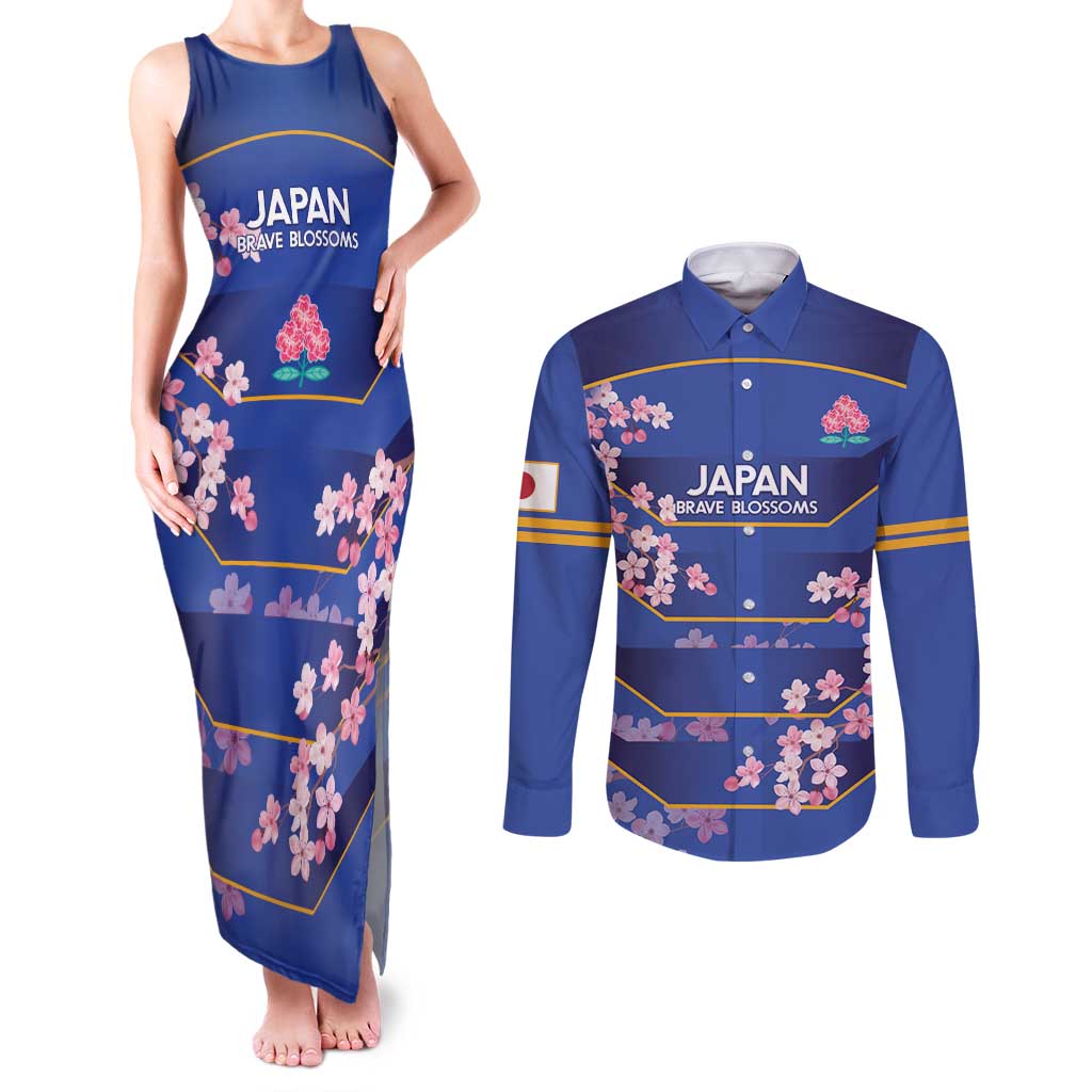 Custom Japan Rugby Couples Matching Tank Maxi Dress and Long Sleeve Button Shirt Go Brave Blossoms - Wonder Print Shop