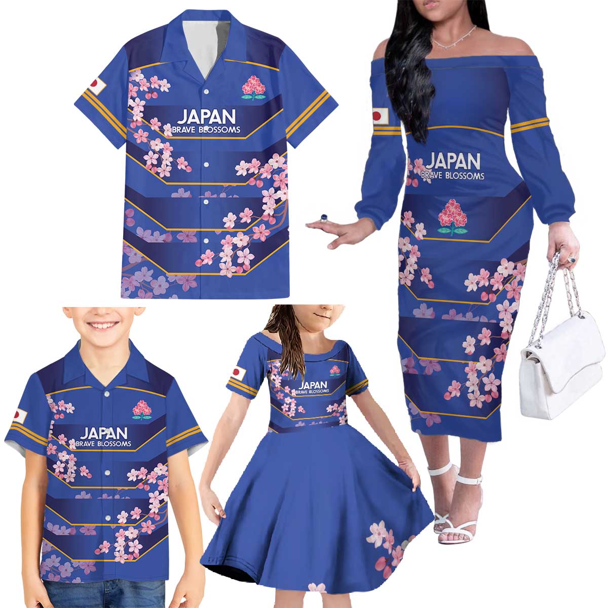 Custom Japan Rugby Family Matching Off The Shoulder Long Sleeve Dress and Hawaiian Shirt Go Brave Blossoms - Wonder Print Shop