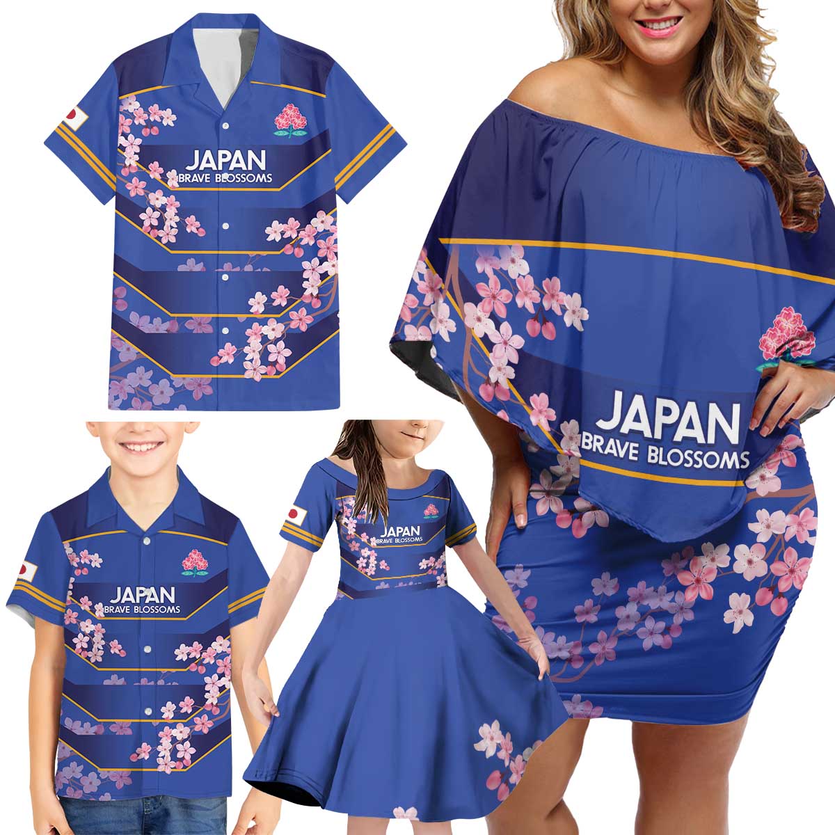 Custom Japan Rugby Family Matching Off Shoulder Short Dress and Hawaiian Shirt Go Brave Blossoms - Wonder Print Shop