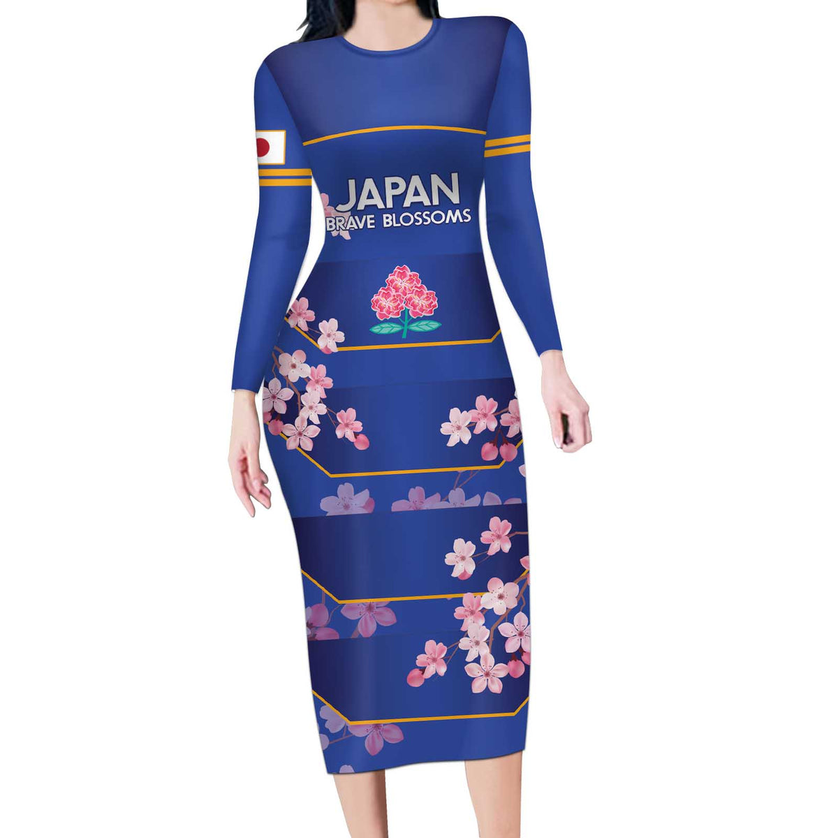Custom Japan Rugby Long Sleeve Bodycon Dress Go Brave Blossoms - Wonder Print Shop