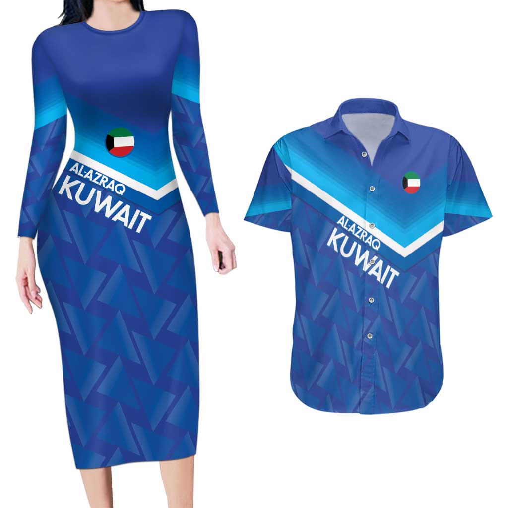Custom Kuwait Football Couples Matching Long Sleeve Bodycon Dress and Hawaiian Shirt Al-Azraq Sporty Style - Wonder Print Shop