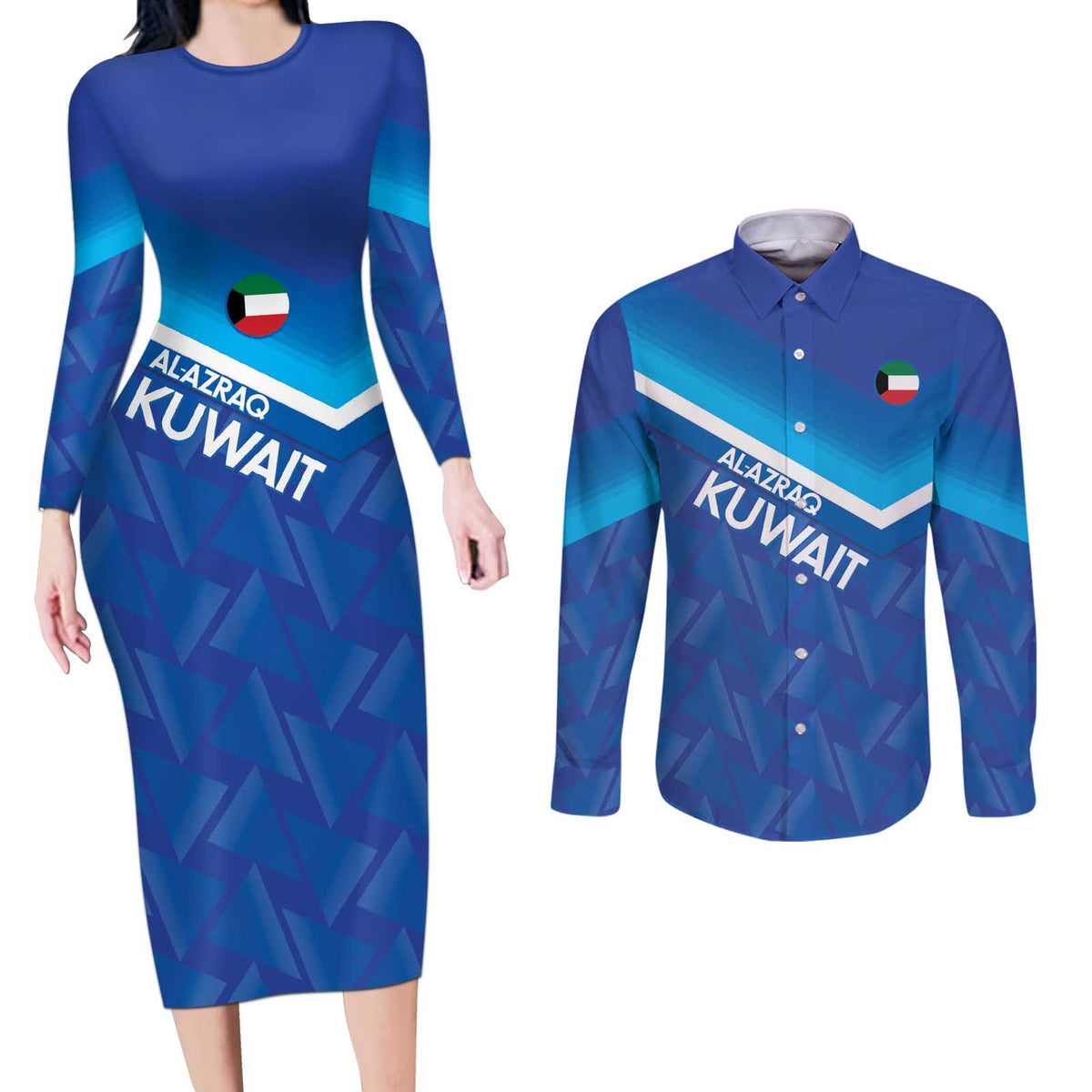 Custom Kuwait Football Couples Matching Long Sleeve Bodycon Dress and Long Sleeve Button Shirt Al-Azraq Sporty Style - Wonder Print Shop