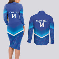 Custom Kuwait Football Couples Matching Long Sleeve Bodycon Dress and Long Sleeve Button Shirt Al-Azraq Sporty Style - Wonder Print Shop
