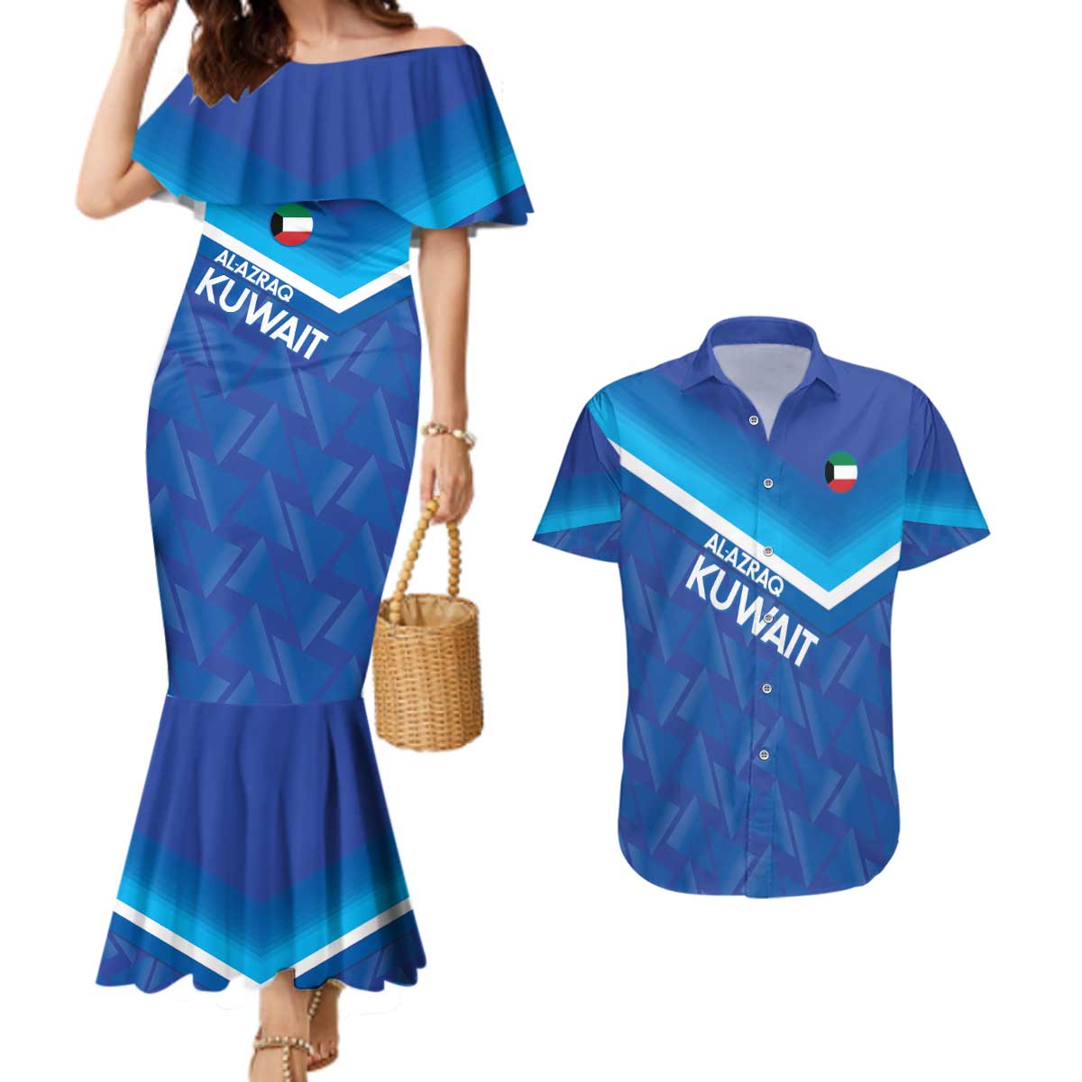Custom Kuwait Football Couples Matching Mermaid Dress and Hawaiian Shirt Al-Azraq Sporty Style - Wonder Print Shop