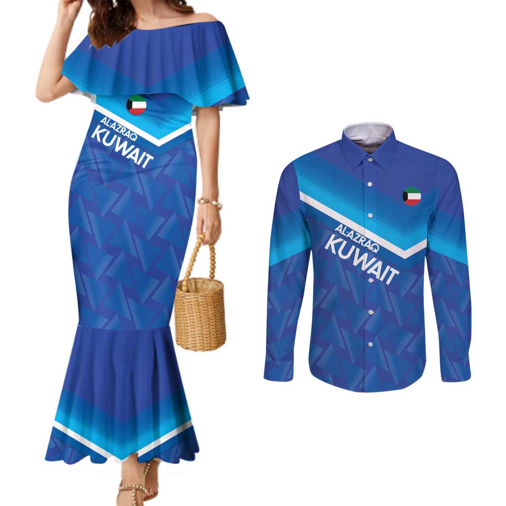 Custom Kuwait Football Couples Matching Mermaid Dress and Long Sleeve Button Shirt Al-Azraq Sporty Style