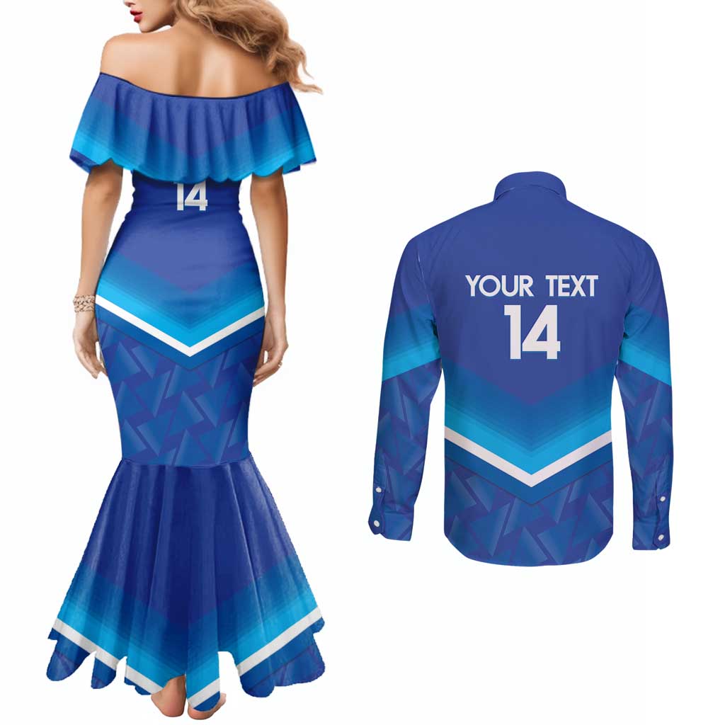 Custom Kuwait Football Couples Matching Mermaid Dress and Long Sleeve Button Shirt Al-Azraq Sporty Style