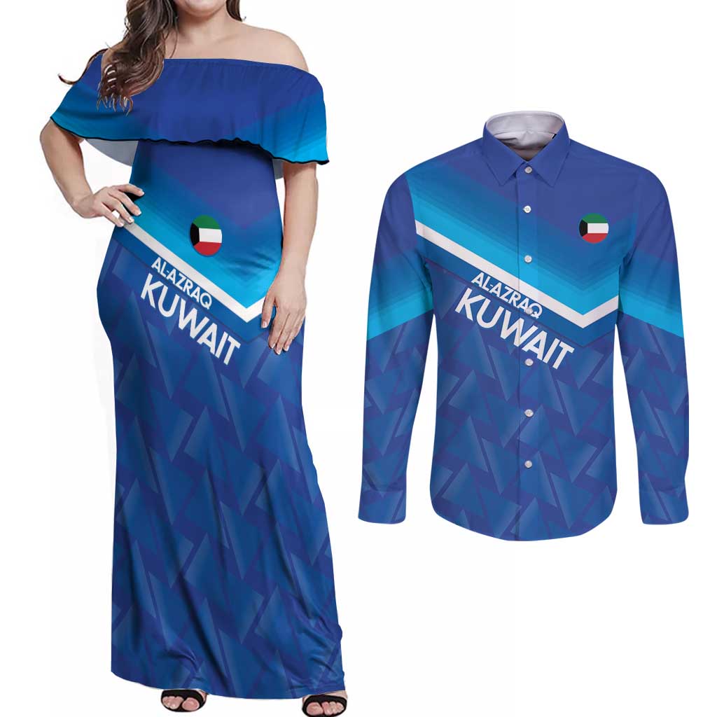 Custom Kuwait Football Couples Matching Off Shoulder Maxi Dress and Long Sleeve Button Shirt Al-Azraq Sporty Style - Wonder Print Shop