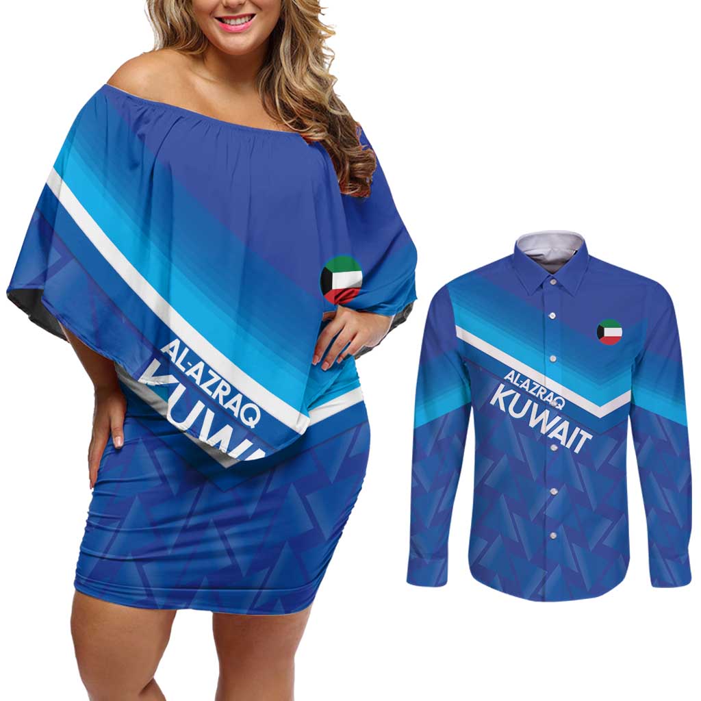 Custom Kuwait Football Couples Matching Off Shoulder Short Dress and Long Sleeve Button Shirt Al-Azraq Sporty Style - Wonder Print Shop