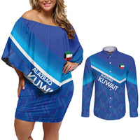 Custom Kuwait Football Couples Matching Off Shoulder Short Dress and Long Sleeve Button Shirt Al-Azraq Sporty Style - Wonder Print Shop