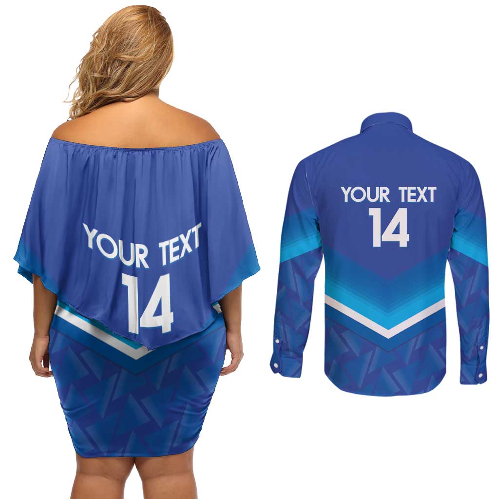 Custom Kuwait Football Couples Matching Off Shoulder Short Dress and Long Sleeve Button Shirt Al-Azraq Sporty Style - Wonder Print Shop