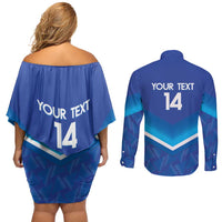 Custom Kuwait Football Couples Matching Off Shoulder Short Dress and Long Sleeve Button Shirt Al-Azraq Sporty Style - Wonder Print Shop