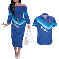 Custom Kuwait Football Couples Matching Off The Shoulder Long Sleeve Dress and Hawaiian Shirt Al-Azraq Sporty Style - Wonder Print Shop