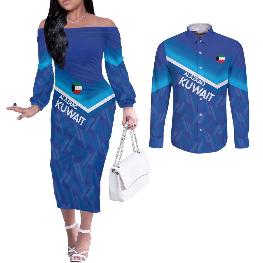Custom Kuwait Football Couples Matching Off The Shoulder Long Sleeve Dress and Long Sleeve Button Shirt Al-Azraq Sporty Style