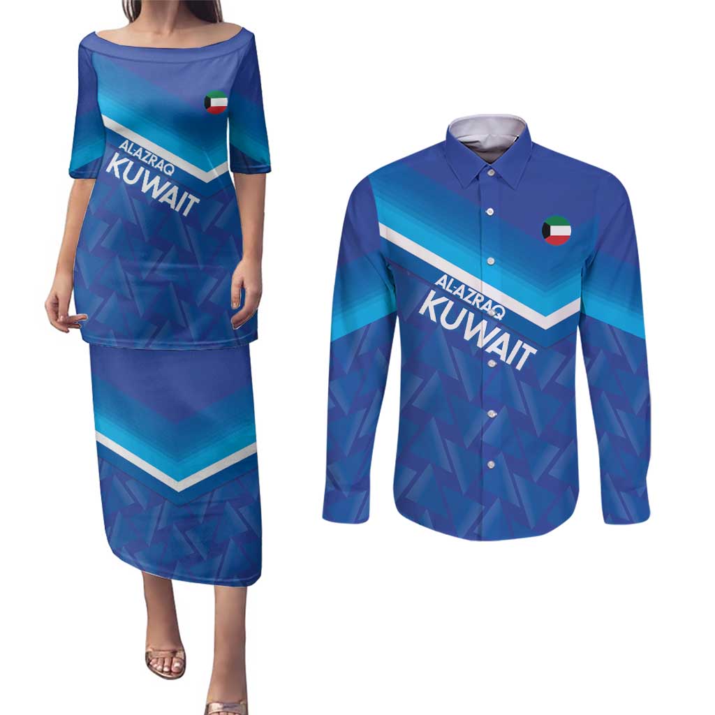 Custom Kuwait Football Couples Matching Puletasi and Long Sleeve Button Shirt Al-Azraq Sporty Style - Wonder Print Shop