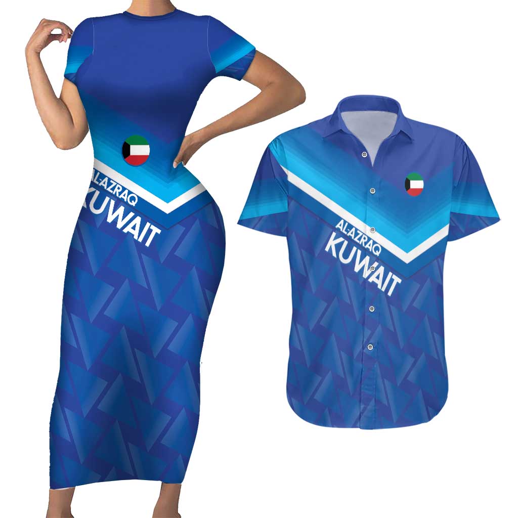Custom Kuwait Football Couples Matching Short Sleeve Bodycon Dress and Hawaiian Shirt Al-Azraq Sporty Style - Wonder Print Shop