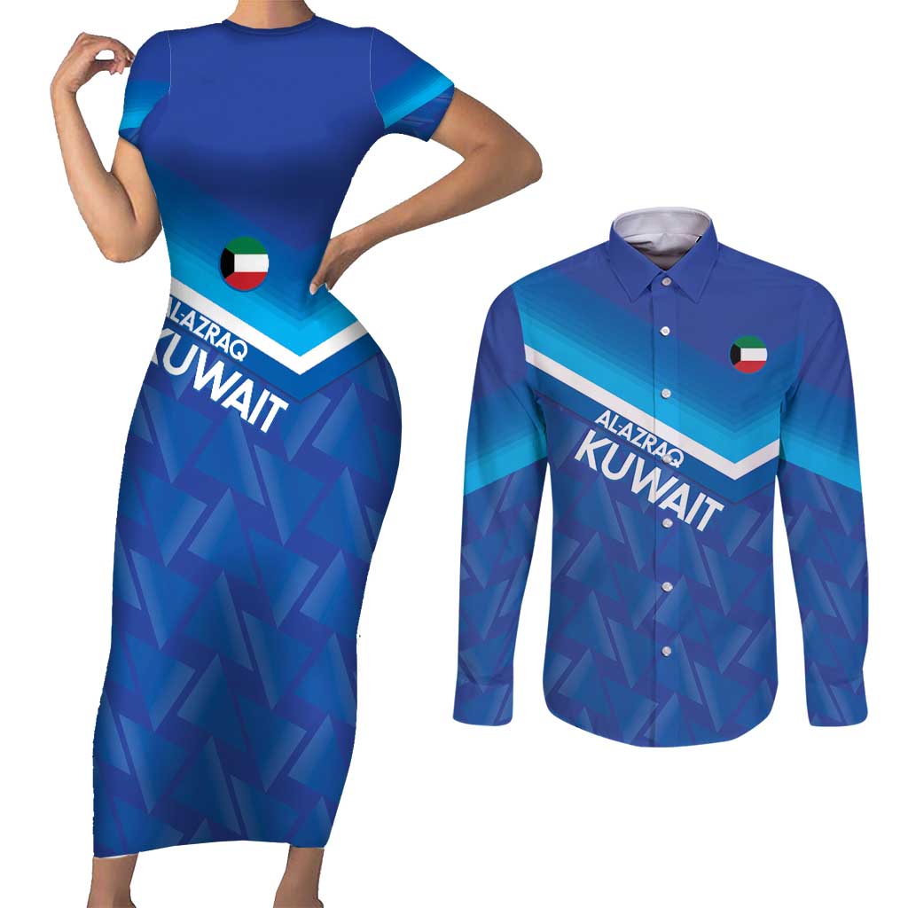 Custom Kuwait Football Couples Matching Short Sleeve Bodycon Dress and Long Sleeve Button Shirt Al-Azraq Sporty Style - Wonder Print Shop