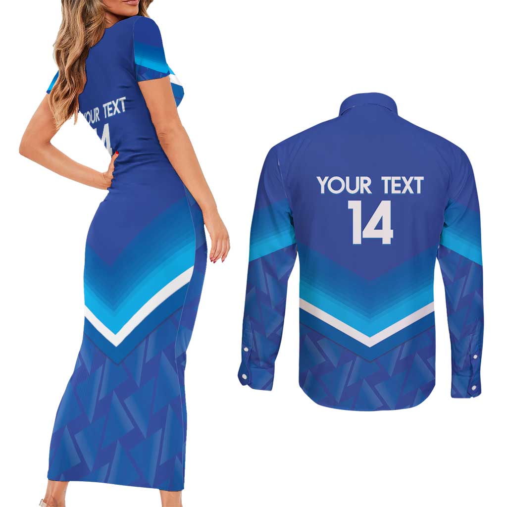 Custom Kuwait Football Couples Matching Short Sleeve Bodycon Dress and Long Sleeve Button Shirt Al-Azraq Sporty Style - Wonder Print Shop