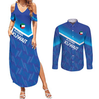 Custom Kuwait Football Couples Matching Summer Maxi Dress and Long Sleeve Button Shirt Al-Azraq Sporty Style - Wonder Print Shop