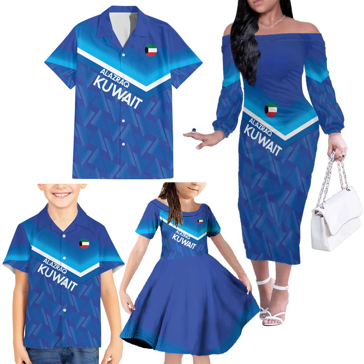 Custom Kuwait Football Family Matching Off The Shoulder Long Sleeve Dress and Hawaiian Shirt Al-Azraq Sporty Style - Wonder Print Shop