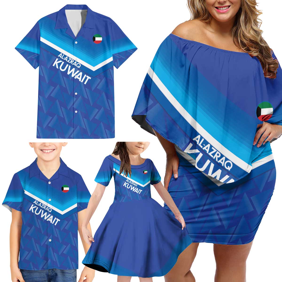 Custom Kuwait Football Family Matching Off Shoulder Short Dress and Hawaiian Shirt Al-Azraq Sporty Style - Wonder Print Shop