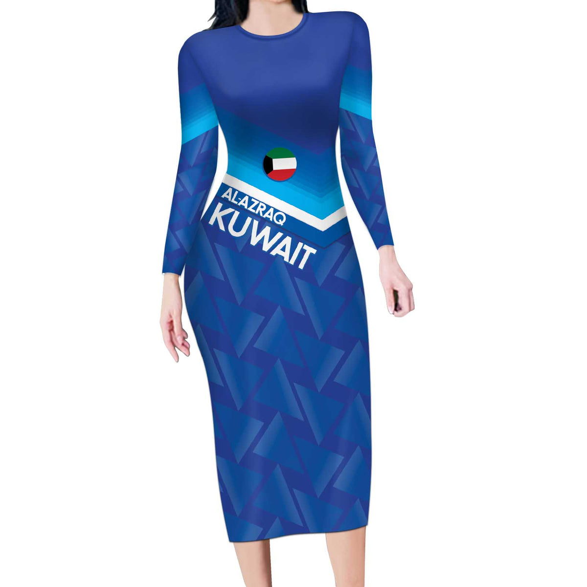 Custom Kuwait Football Long Sleeve Bodycon Dress Al-Azraq Sporty Style - Wonder Print Shop