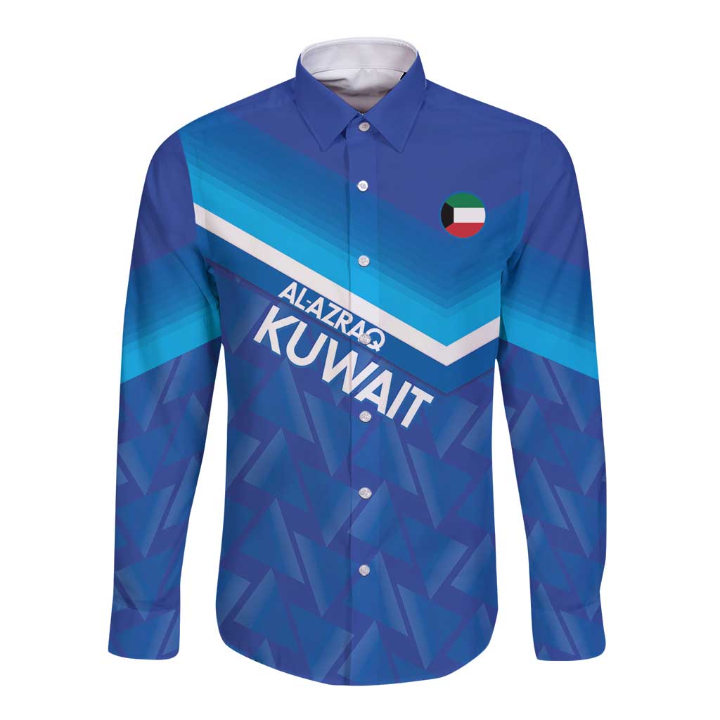 Custom Kuwait Football Long Sleeve Button Shirt Al-Azraq Sporty Style - Wonder Print Shop