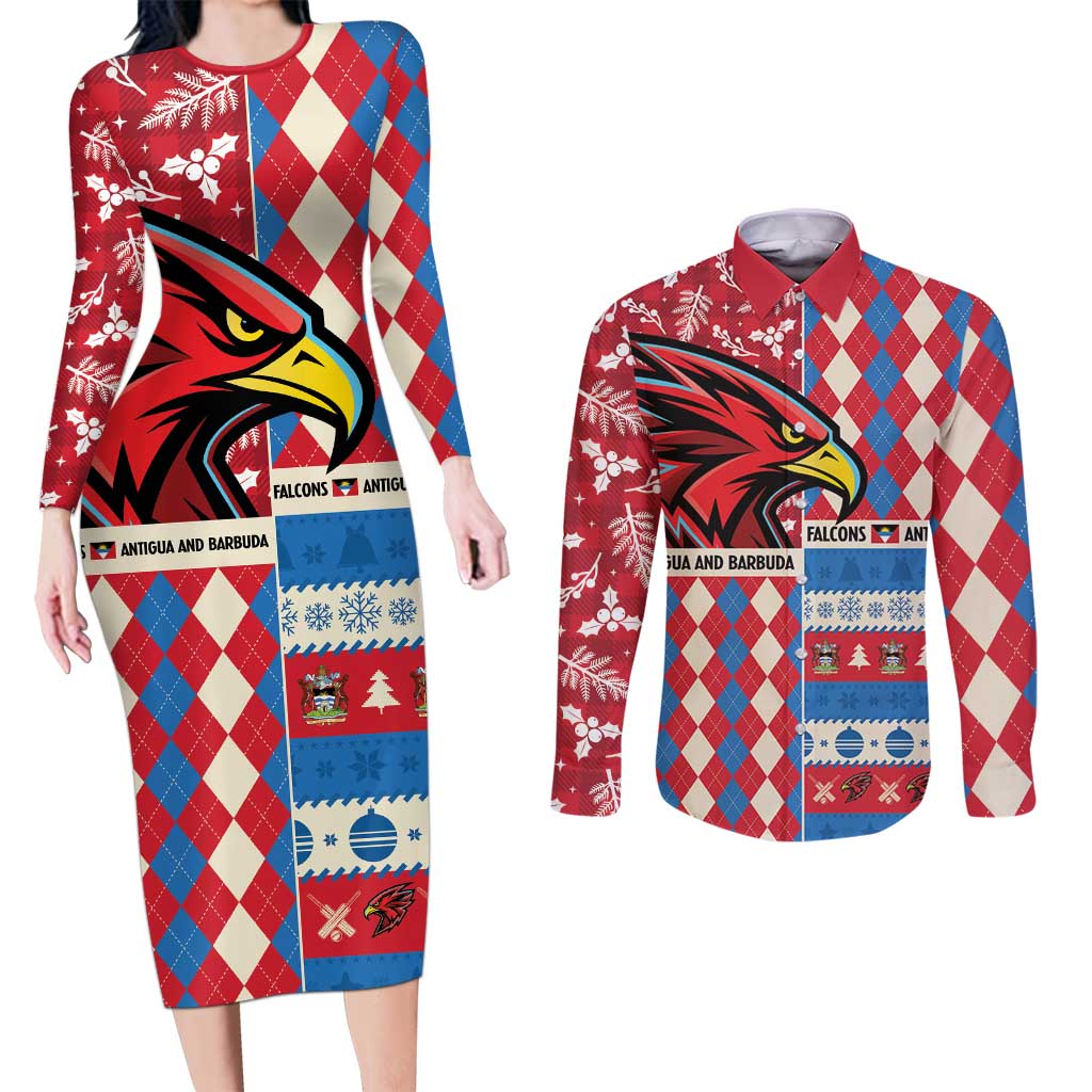 Personalized Antigua & Barbuda Cricket Christmas Couples Matching Long Sleeve Bodycon Dress and Long Sleeve Button Shirt Merry Xmas Falcons - Wonder Print Shop