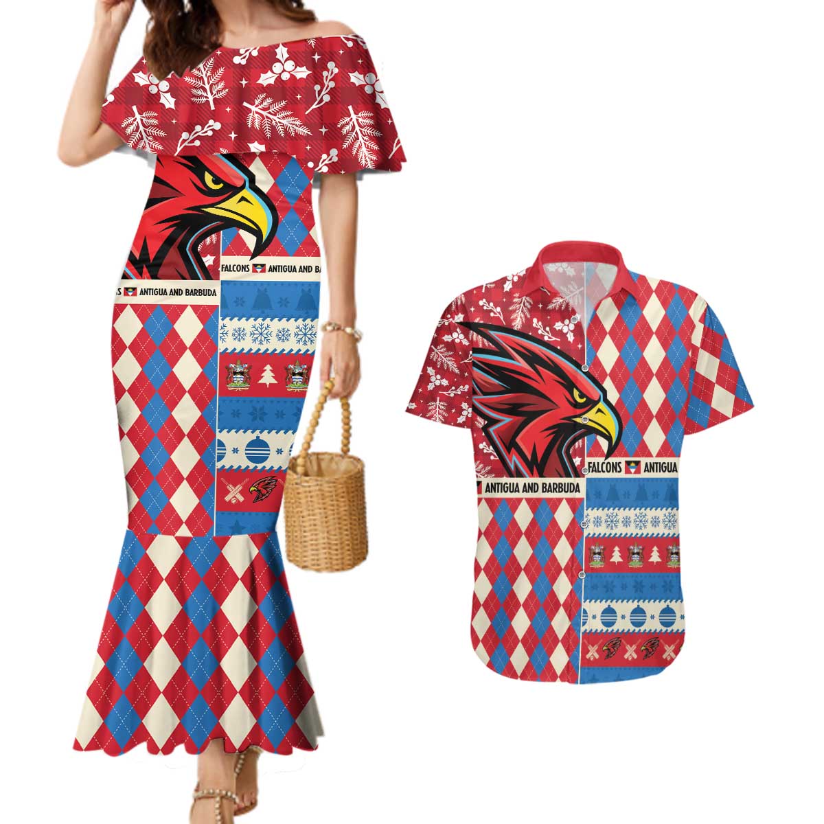 Personalized Antigua & Barbuda Cricket Christmas Couples Matching Mermaid Dress and Hawaiian Shirt Merry Xmas Falcons - Wonder Print Shop