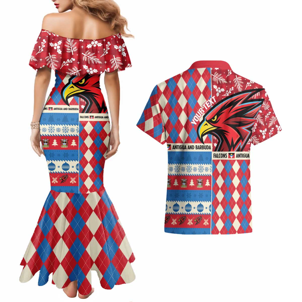 Personalized Antigua & Barbuda Cricket Christmas Couples Matching Mermaid Dress and Hawaiian Shirt Merry Xmas Falcons - Wonder Print Shop