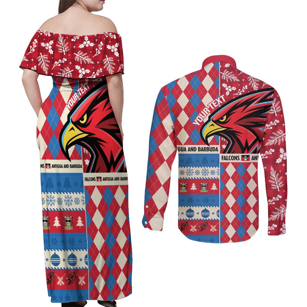 Personalized Antigua & Barbuda Cricket Christmas Couples Matching Off Shoulder Maxi Dress and Long Sleeve Button Shirt Merry Xmas Falcons - Wonder Print Shop