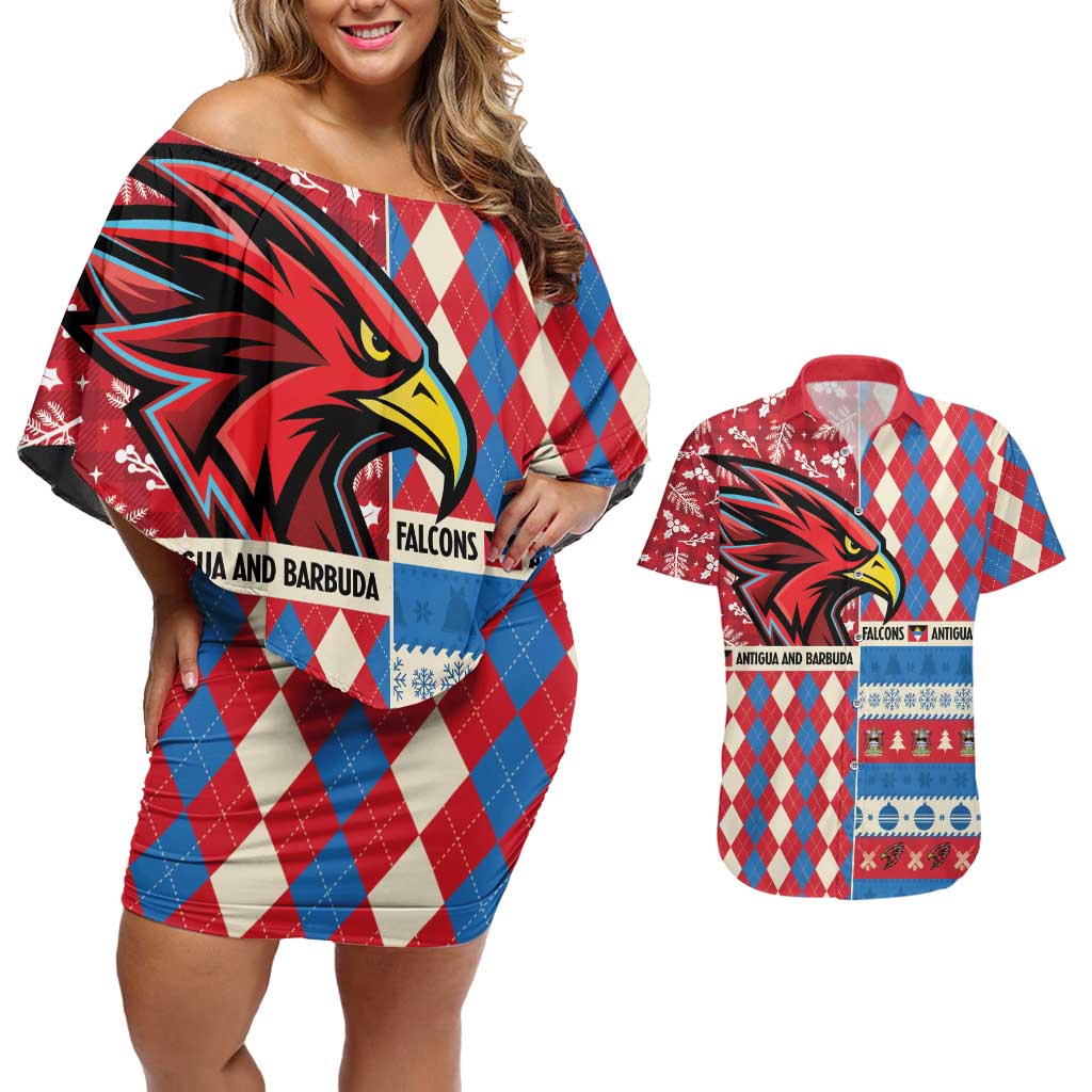 Personalized Antigua & Barbuda Cricket Christmas Couples Matching Off Shoulder Short Dress and Hawaiian Shirt Merry Xmas Falcons - Wonder Print Shop