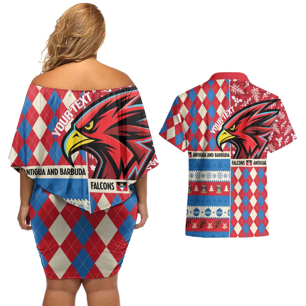 Personalized Antigua & Barbuda Cricket Christmas Couples Matching Off Shoulder Short Dress and Hawaiian Shirt Merry Xmas Falcons - Wonder Print Shop